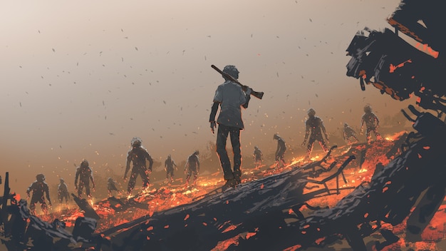 muž čelící skupině zombie, digitální umělecký styl, ilustrační malba