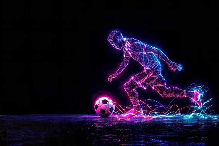 Neon football player in action black background Ai generative