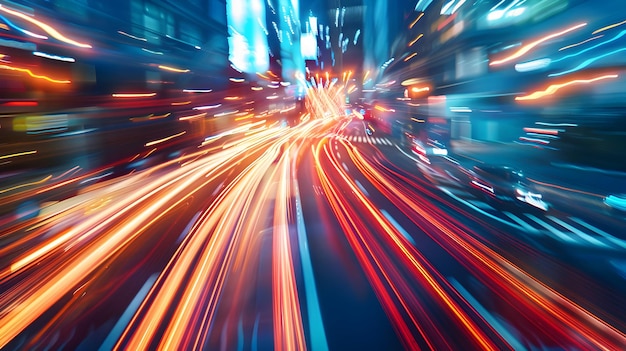 Night cityscape with light trails from fastmoving traffic against illuminated skyscrapers