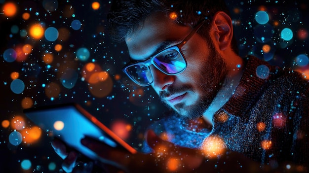 night focus man engrossed in tablet illuminated by vibrant bokeh lights a captivating study of digital immersion and modern technology
