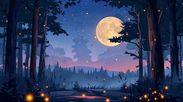nighttime vector cartoon forest with fireflies and a full moon