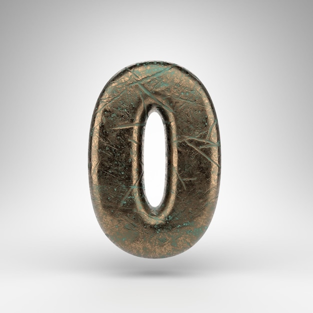 Number 0 on white background. Bronze 3D rendered number with oxidized scratched texture.