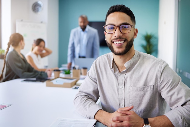 office meeting and portrait of business man for conversation collaboration and discussion corporate team company and face of person with staff for brainstorming planning and project feedback
