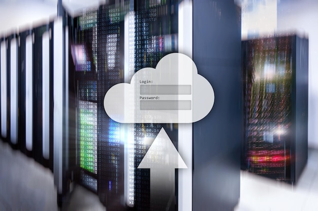 Okno pro přihlášení k datům cloudového úložiště a žádost o heslo na pozadí serverovny – koncept internetu a technologií