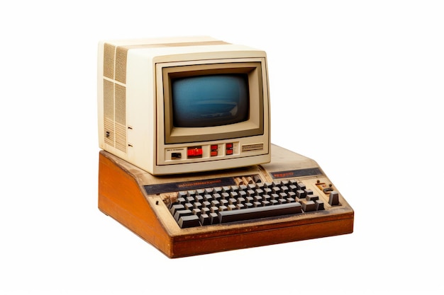 Old computer sitting on top of wooden stand with keyboard and mouse Generative AI