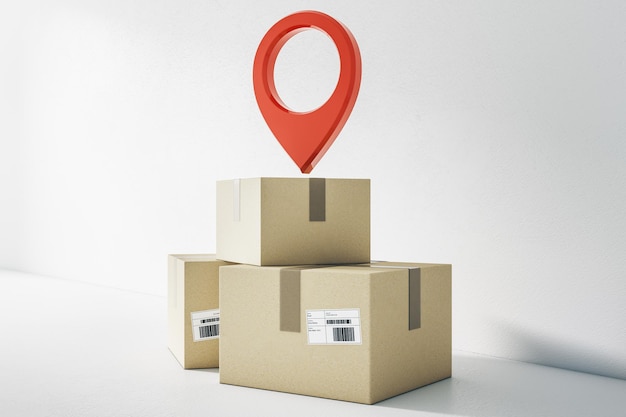 Online shopping delivery service concept with cardboard boxes on the floor with red pinpoint icon at blank light wall background 3D rendering