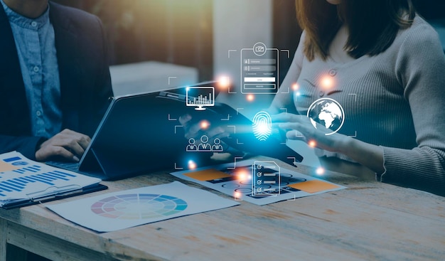 Online transactions Businessman touching fingerprint scan provides security interface payment shopping banking and cloud computing network connection on virtual screen
