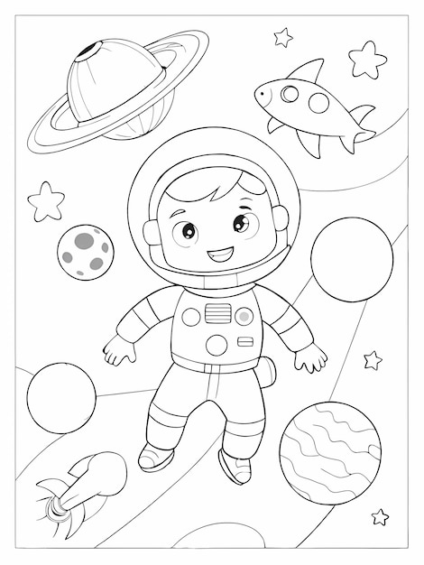 outer space adventure coloring page for kids on transparent background