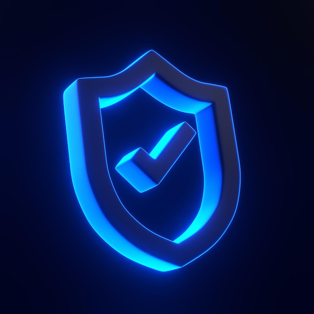 Outline Shield Shape with Tick Symbol with bright glowing blue neon lights on black background 3D