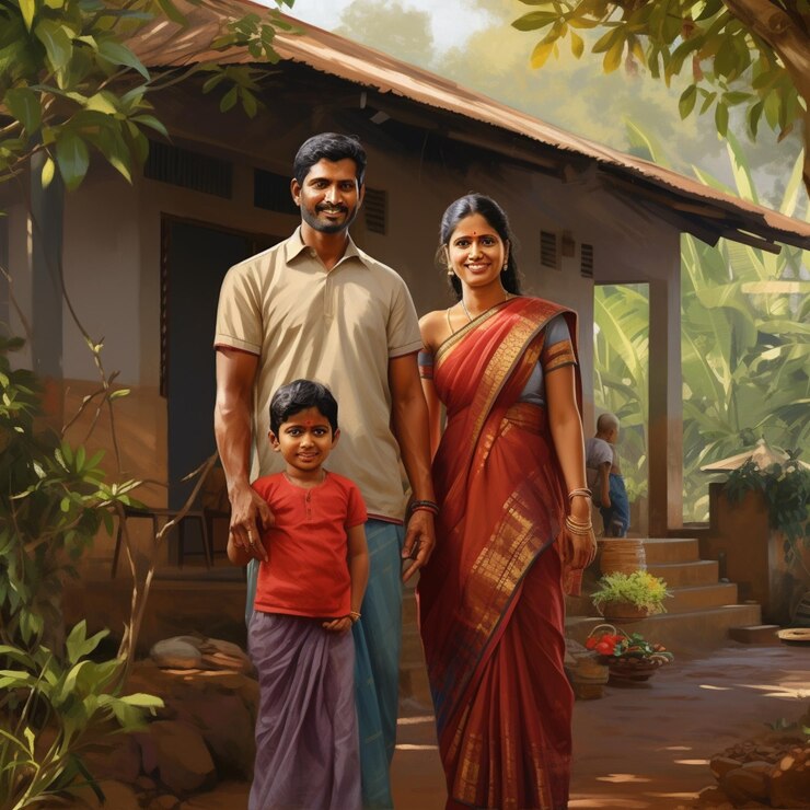 Fotografie painting of a family standing in front of a house generative ai