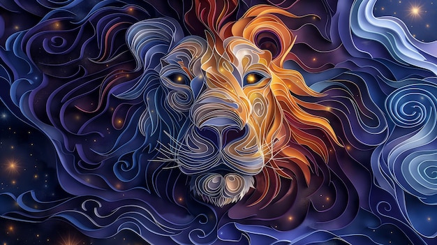 Papercut Lion in Cosmic Abstract Art