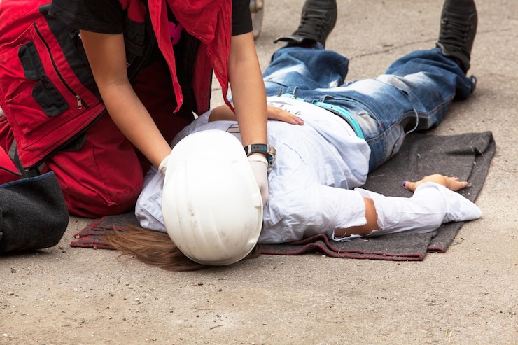 Fotografie paramedic performing cpr on person women on street