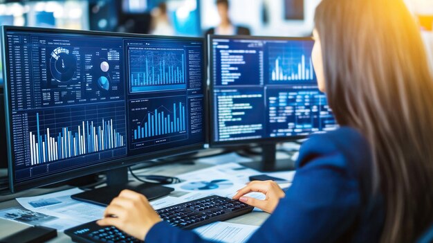 person behind of a multimonitor computer or one pc work with graphs or chart and data analysis