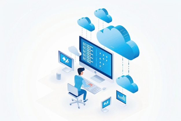 Person working on computer with cloud icons analyzing data and graphs in a digital environment