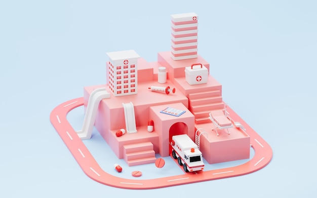 pink hospital building model and medical apparatus and instruments 3d rendering