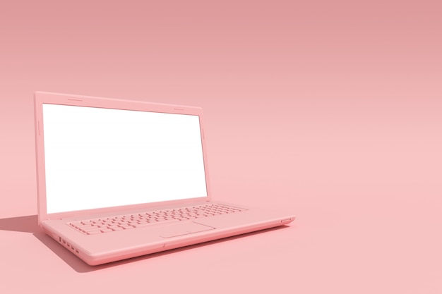 pink laptop empty screen on pink, minimal creative concept, 3d rendering