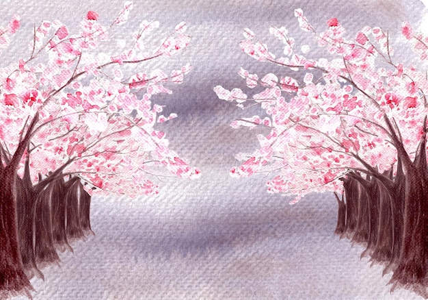 Pink sakura tree alley on purple granulated background horizontal card Watercolor hand painted high quality nature design elements great for cards banners invitations beauty salons tourist ads