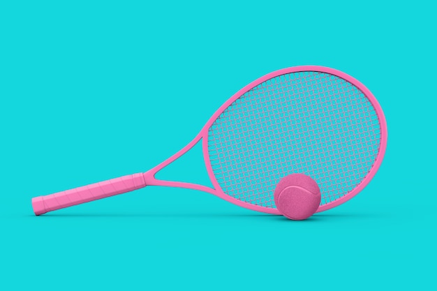 Pink Tennis Racket with Ball in Duotone Style on a blue background. 3d Rendering