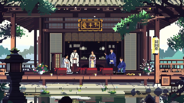 Pixel Art Illustration of People in Traditional Japanese Clothing in Front of a Temple