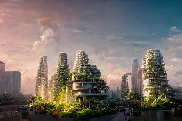 plant covered sustainable buildings in modern city district 3d art illustration