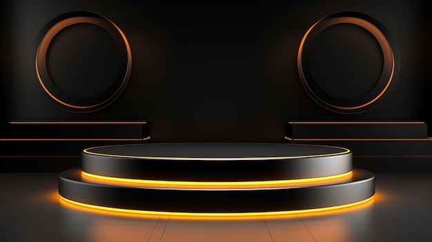podium 3d render in black color with lights
