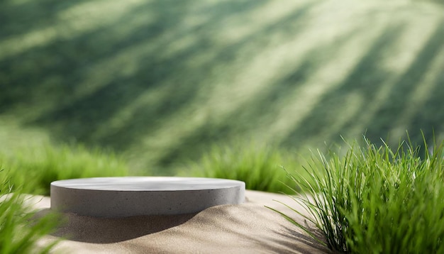 Podium stage surrounded by grass Podium for product presentation or advertising