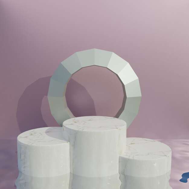podium with geometric shapes, twisted torus and podium on the floor. Platforms for product presentation background. Abstract composition in minimal design