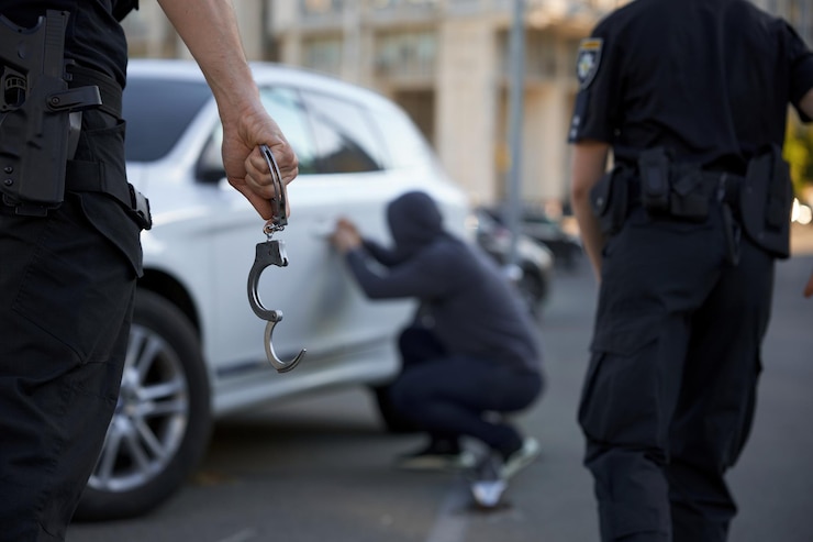 Fotografie police team catching and arresting car burglar closeup view on handcuffs