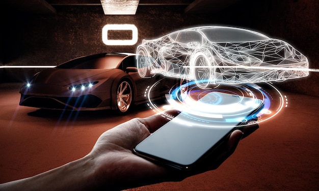 Polygonal hand holding smartphone with car interface hologram on dark garage background Transport engineering future and technology concept Double exposure