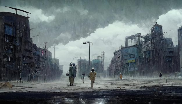 pople on the street of a postapocalytic city with rain and storm clouds