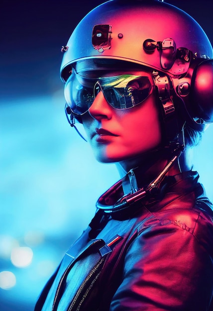 portrait of a fictional futuristic female pilot in an aviation helmet and pilot's suit.