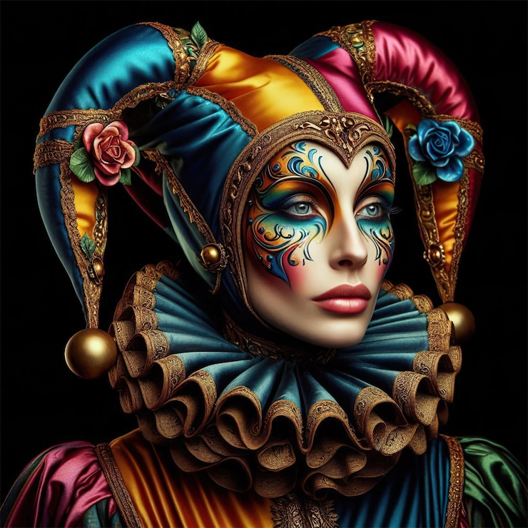 Fotografie portrait of a medieval jester isolated on black