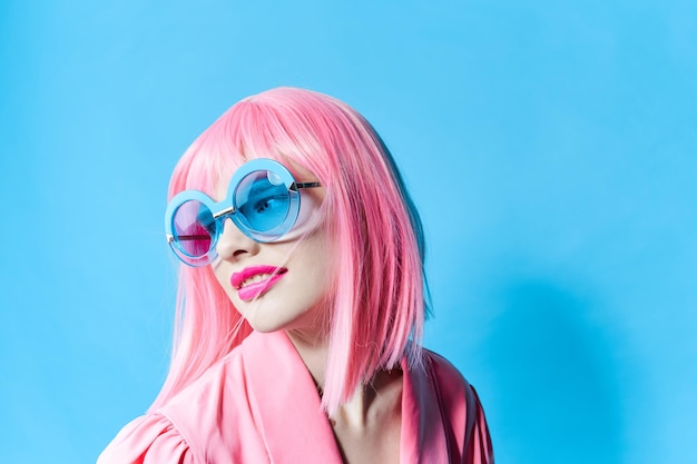 portrait of a woman fashion blue glasses makeup fashion isolated background high quality photo
