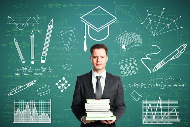 Portrait of attractive young european businessman holding books with creative knowledge and graduation sketch on green wall background Education and academic concept