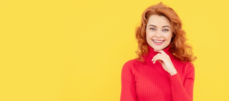 Fotografie portrait of beautiful cheerful redhead girl curly hair smiling laughing looking at camera