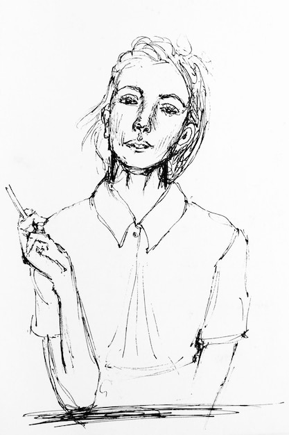 Portrait of pretty girl smoking cigarette Drawing by hand with black ink on paper