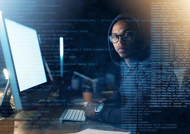 Portrait overlay and man hacking computer with coding for cybercrime software development and dark office Web monitor space and hacker guy with screen light and install virus for malware update