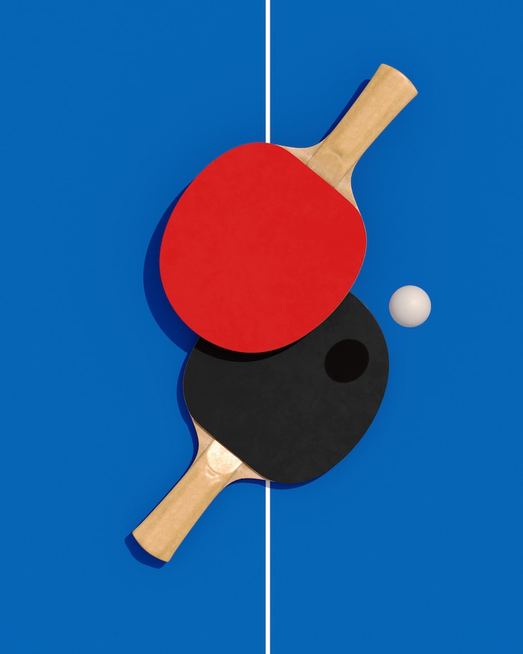 Fotografie poster two table tennis or ping pong rackets and ball on a table with net 3d illustration