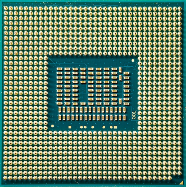 processor chip detail with clearly visible construction and functional details of the chip