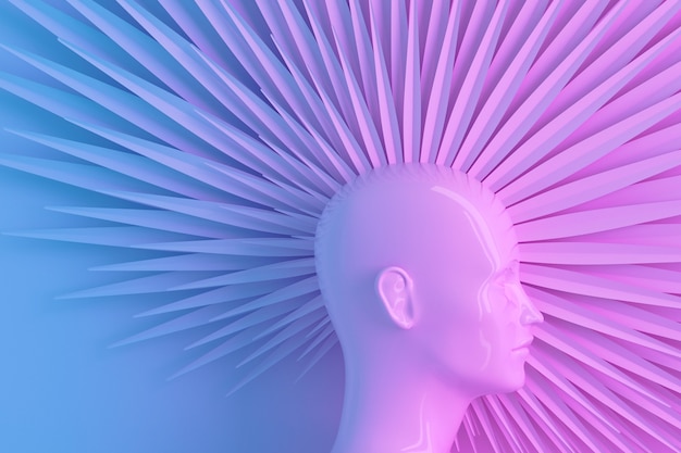 profile of a female head with a stylized iroquois of petals in ultraviolet blue and pink light. 3d illustration