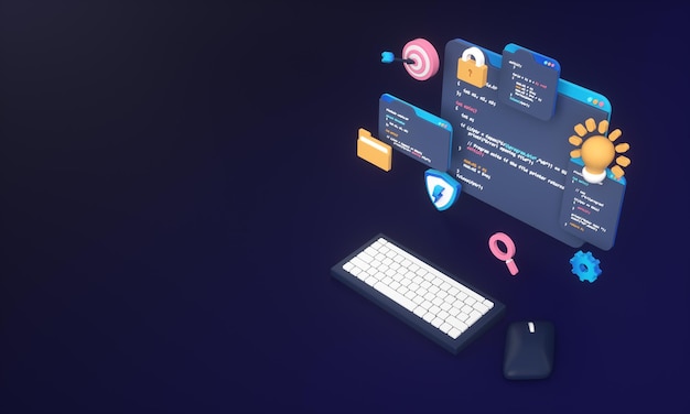Programovací kód pro vývoj webu nebo vývoj aplikace a webový návrh na počítači pro SEO 3D renderování pozadí