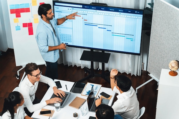 project manager communicate and collaborate with team using project management software display on monitor tracking progress of project task and making schedule plan at meeting table prudent