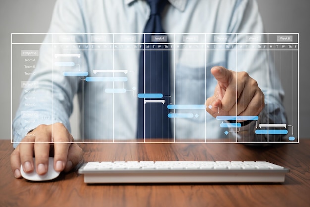 Projektový manažer analytik pracující s počítačem v systému řízení pro plánování postupu a vytváření zpráv s diagramem plánování KPI. Firemní strategie pro finance, prodej a marketing