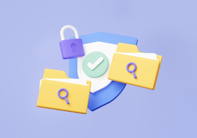 Protection shield icon and check mark with security folder document online password protection file storage database system on purple background Business financial 3d render Cartoon illustration