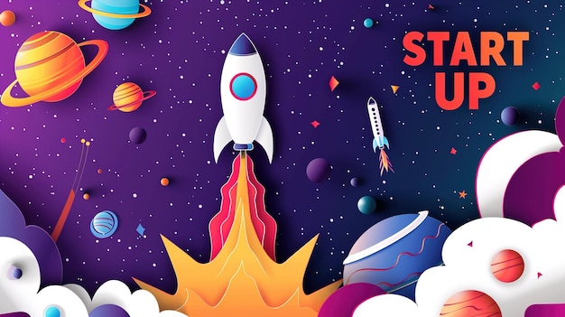 Raketa cestující mezi planetami, banner šablony návrhu startupu, papírová ilustrace a 3D papír