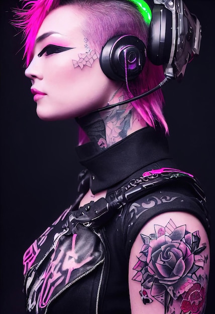 realistic portrait of a fictional punk girl with headphones and pink hair. hipster girl