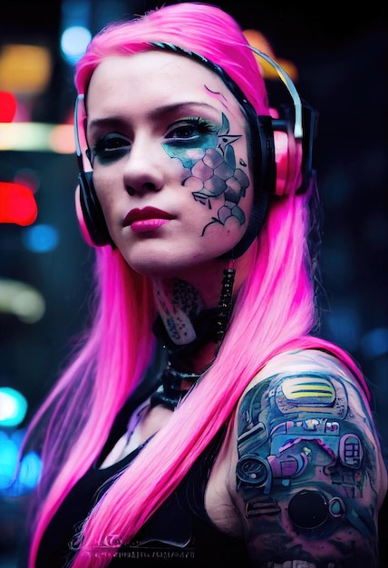 realistic portrait of a fictional punk girl with headphones and pink hair