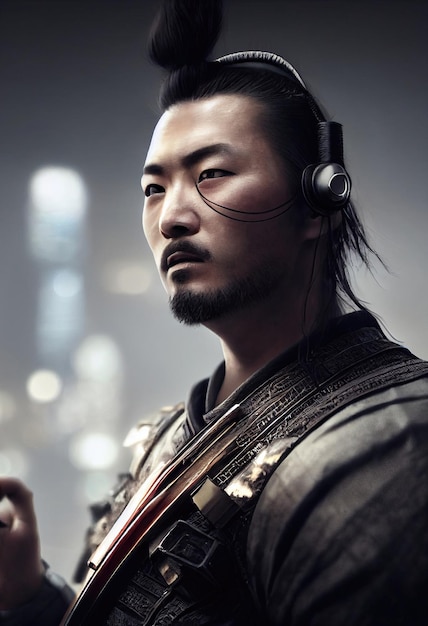 realistic portrait of a scifi cyberpunk warrior in a cyber suit. hightech futuristic man