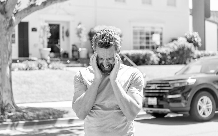Fotografie realtor having headache at new house outdoor ownership concept
