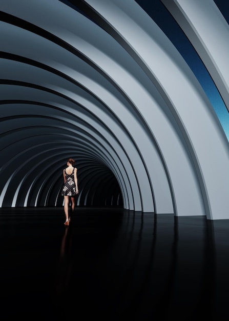 rear view of woman walking in tunnel